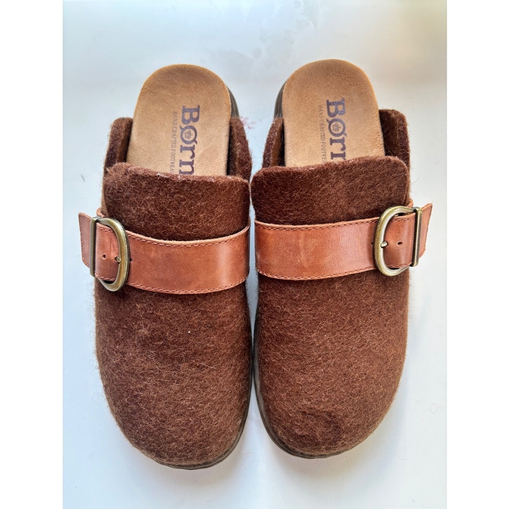 Born Lia Wool Leather Monk Strap Clogs Mules Brown Comfort Shoes 8